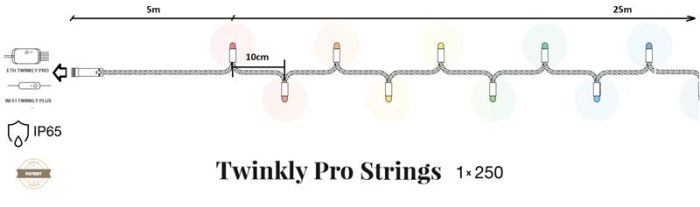 Smart LED Гірлянда Twinkly Smart LED Pro Strings AWW 250, одинарная линия, IP65, AWG22, прозрачный (TW-PLC-S-CA-1X250GOP-T)