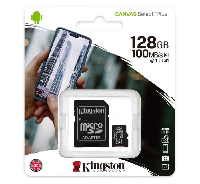 Kingston 128 GB microSDXC Class 10 UHS-I Canvas Select Plus + SD Adapter SDCS2/128GB